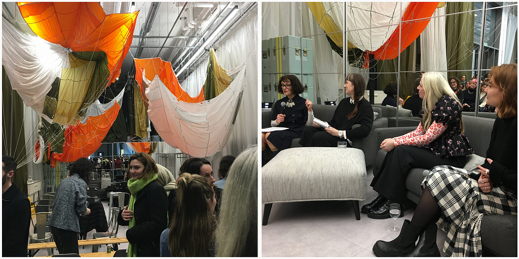 1. The Imagining Possibilities exhibition room at The Lab E20 with designer Christopher Raeburn’s signature reclaimed parachute material hanging from the ceiling; 2. The panel discussion with from L-R: Dilys Williams, Julia Crew, Clare Press and Kaja Grujic.