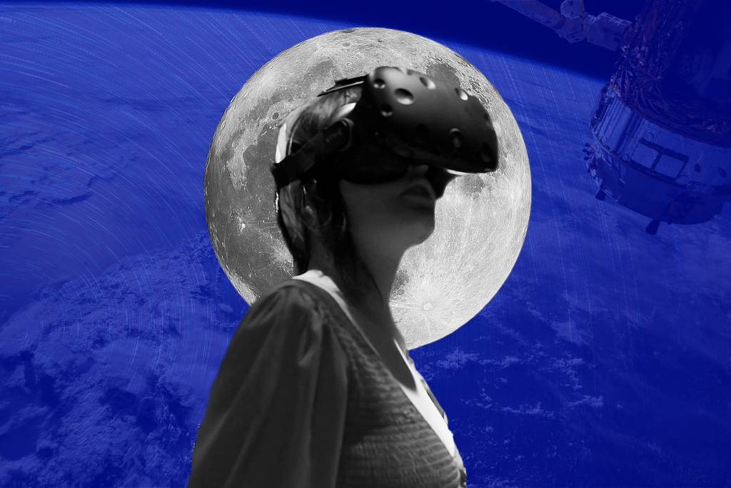 A black and white processed photo with a blue background of a person wearing a VR headset in front of the moon with the earth and a space station in the background