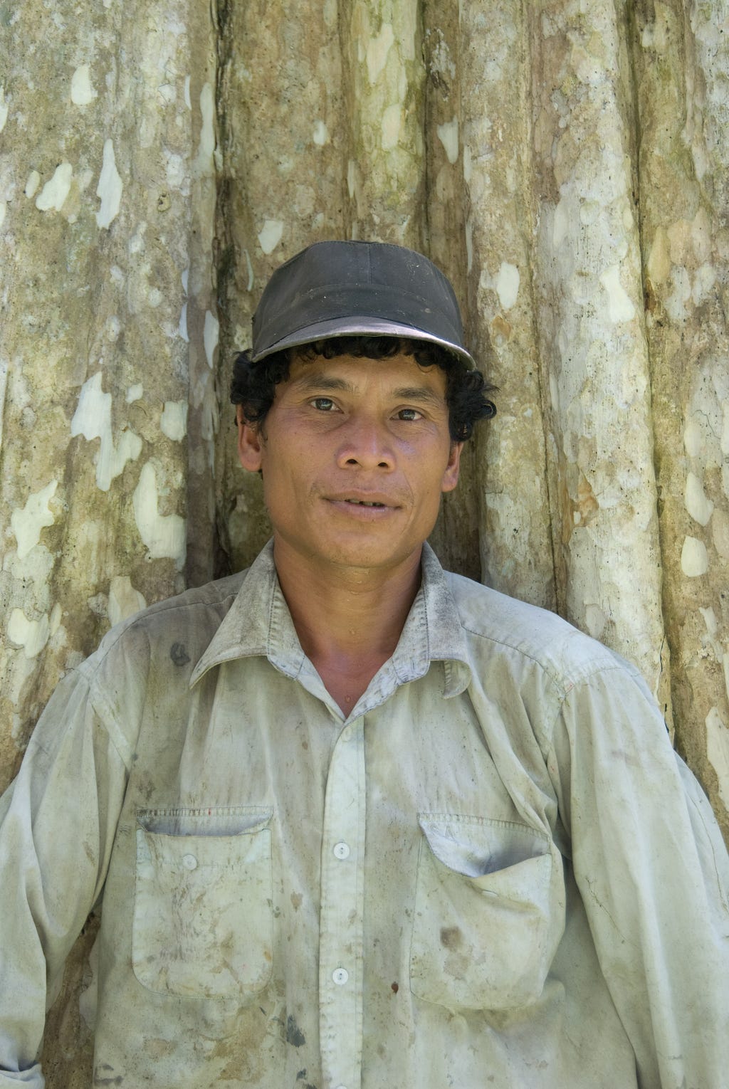 Image of Indigenous Kuy representative in front of large standing tree trunk