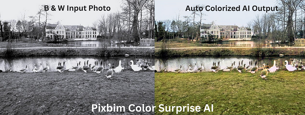 The screenshot above displays Old black and white old photo- the input (Left) and its colorized version (Right) — created using Pixbim Color Surprise AI.