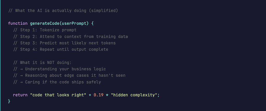 Dark-themed code snippet explaining how AI generates code: tokenize prompt, attend to context, predict next tokens, repeat — while noting it doesn’t truly understand business logic; ends with returning “code that looks right” plus hidden complexity.71% of developers say they do not merge AI-generated code without manual review.