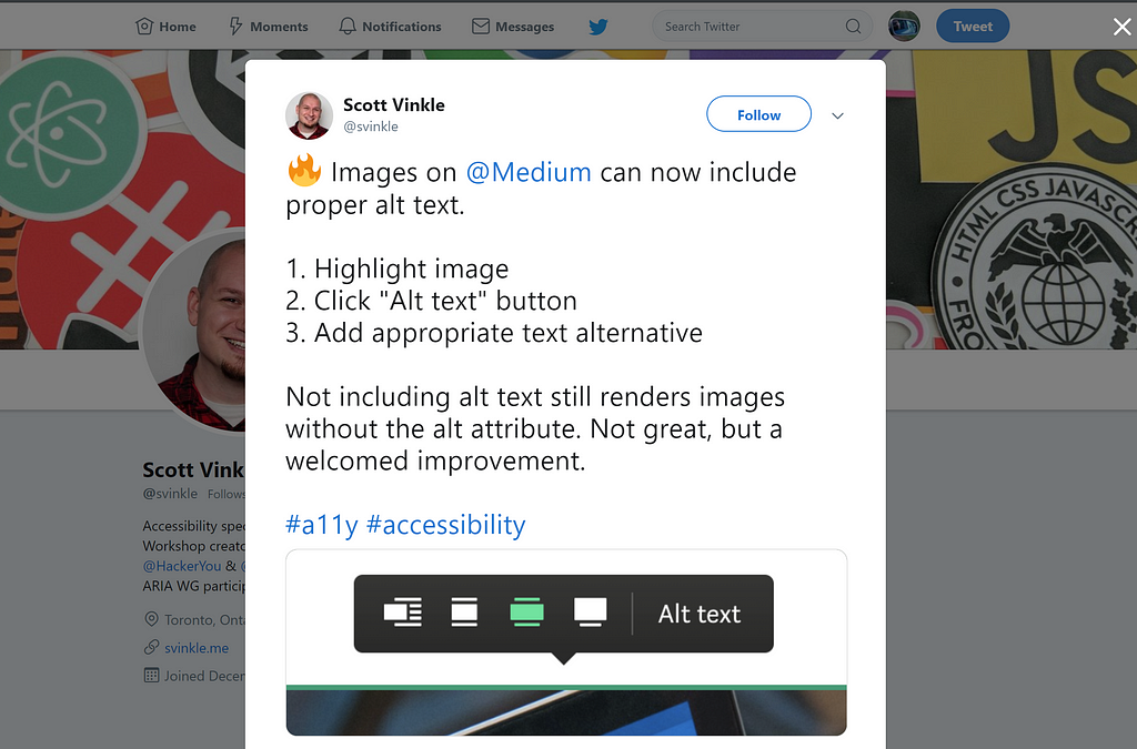 A screen shot of Scott’s tweet saying Medium supports alt text.