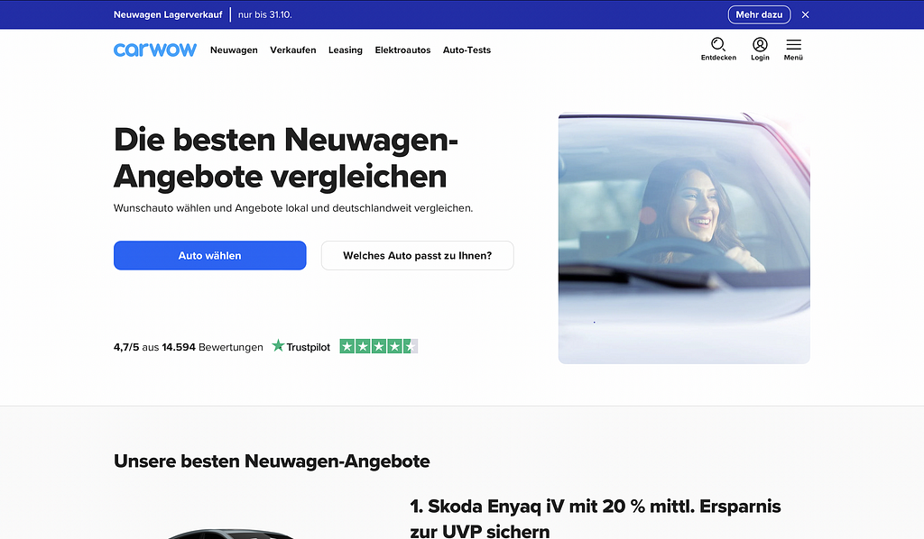 Screenshot von carwow.de, dort können Neuwagenangebote verglichen werden. Ich werde aufgefordert, ein Auto auszuwählen, oder der Frage auf den Grund zu gehen, welches Auto zu mir passt.