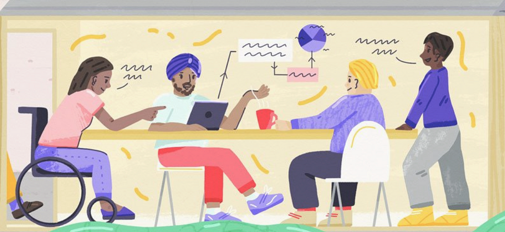 An illustration showing a group of people sitting around a desk with a laptop, brainstorming an idea