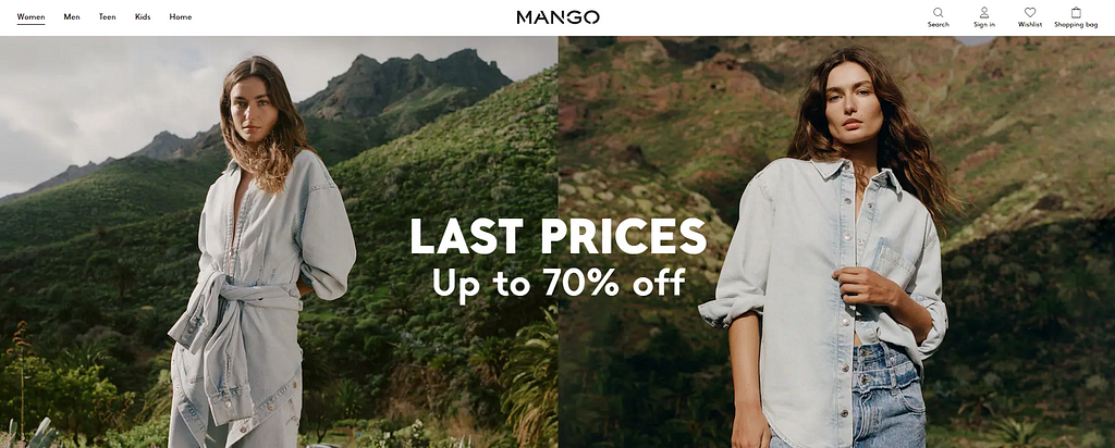 The hero section on Mango’s website promotes a 70% sale using high quality photography.
