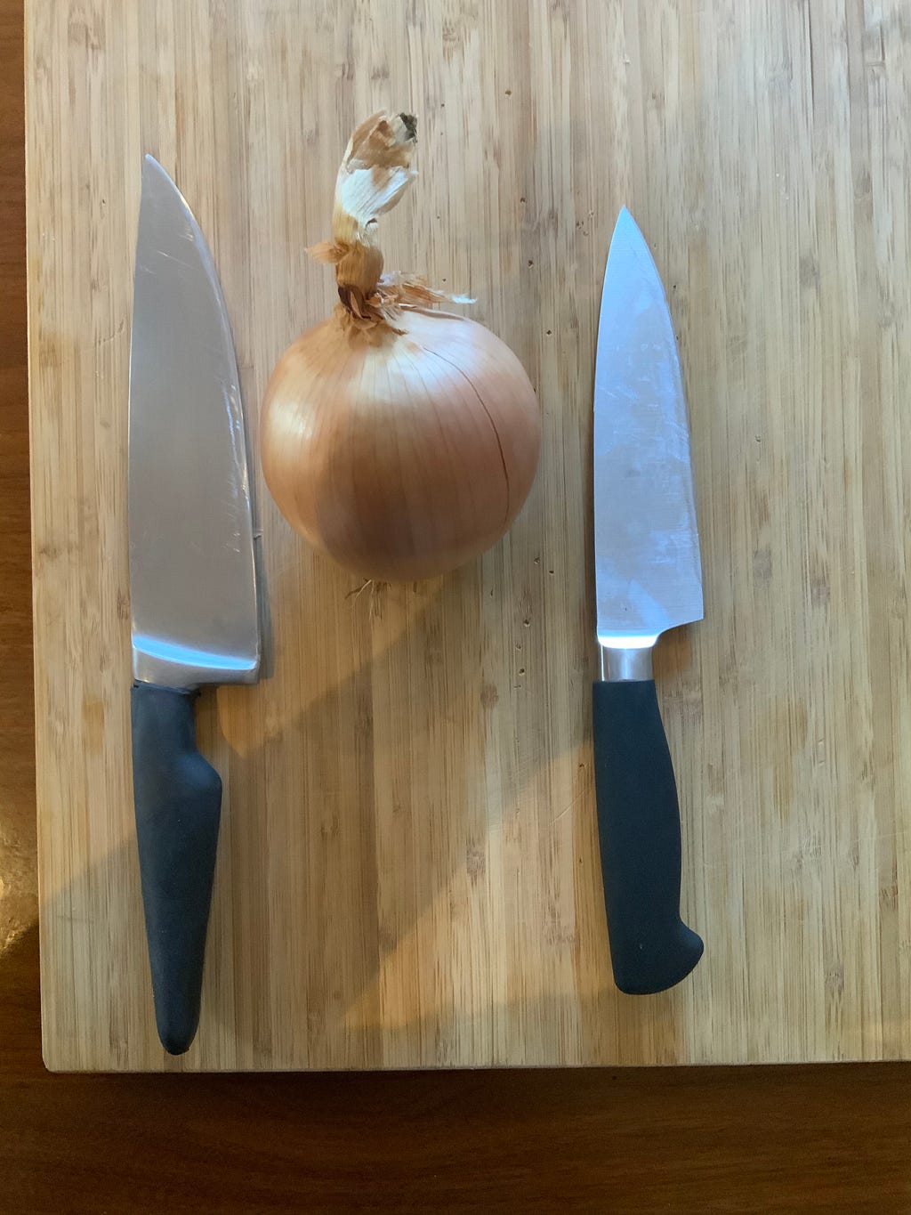 A comparison of an 8 inch knife next to an onion with a 6 inch knife. The image shows that both are longer than the onion