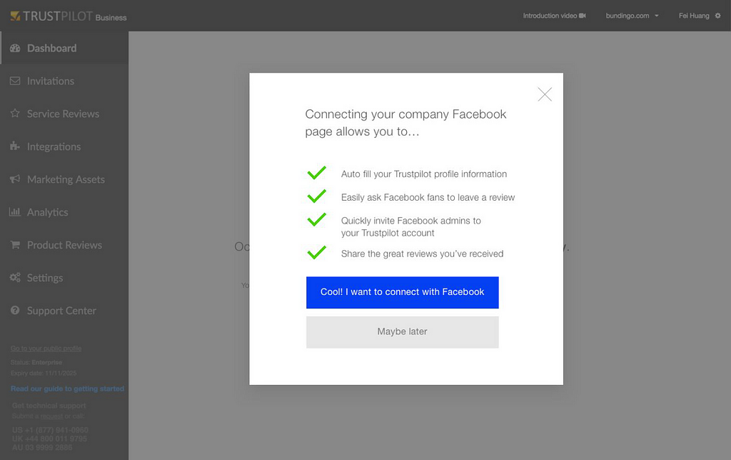 Shows a UI with an open dialogue saying “connect your company Facebook page” with benefits, and options to connect or not