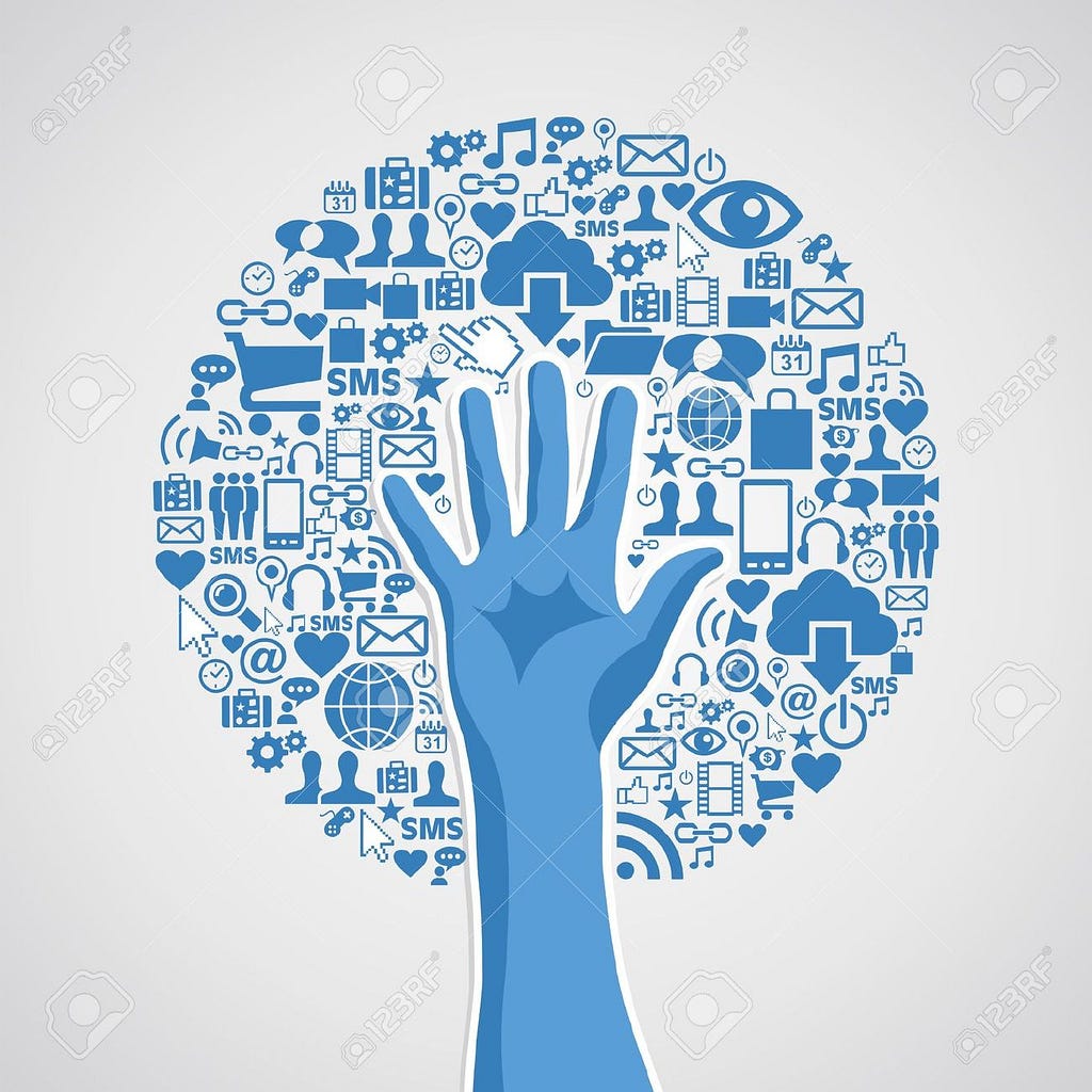 blue hand surrounded by digital media icons and apps