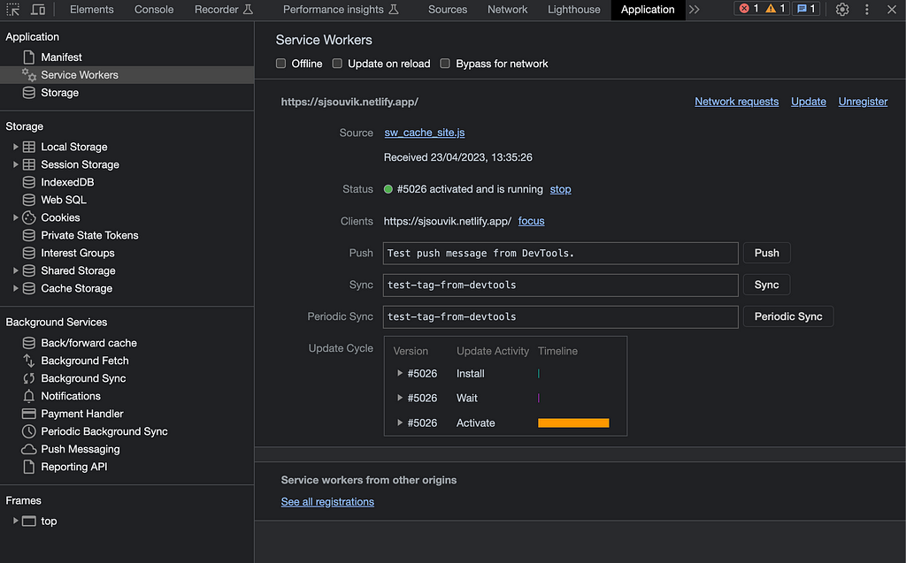 Checking the status of the service worker using the Chrome dev tools