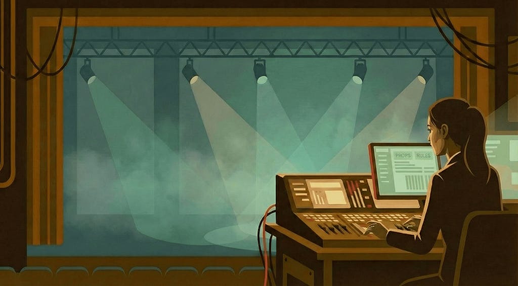 A stage manager at a control station, facing a theatrical stage filled with atmospheric haze. Spotlights beam down from a visible lighting truss onto the empty stage. The figure’s monitor displays “PROPS” and “RULES”, connecting to the article’s framework. Golden curtains frame the stage, with audience seating barely visible below. The composition visualizes designers’ new role: working behind the scenes to optimize conditions for winning performances. Image made with Nano Banana.