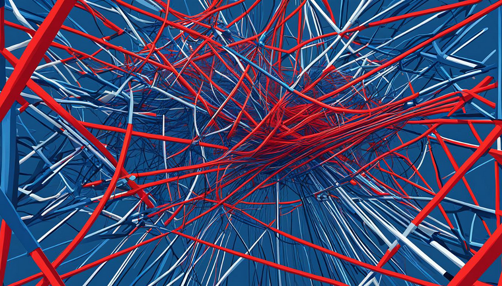 tangled web of red and blue strings, with the blue strings leading to various political figures and the red strings connecting them to outlandish conspiracy theories. The colors should be vibrant and eye-catching, with a sense of chaos and disorder in the way the strings intersect. Show how political extremism fuels the spread of such theories, with no clear source or direction.