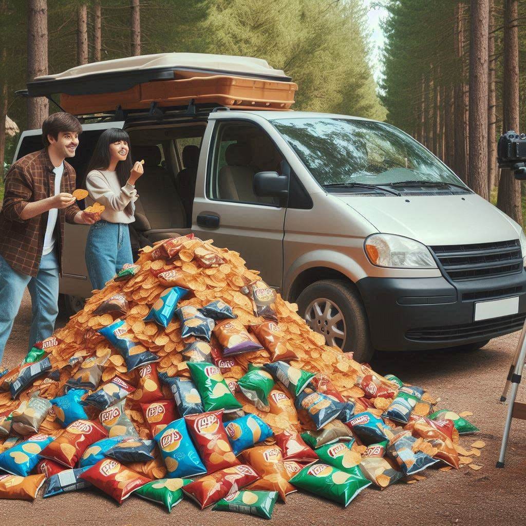 minivan campers at a campsite eating snacks