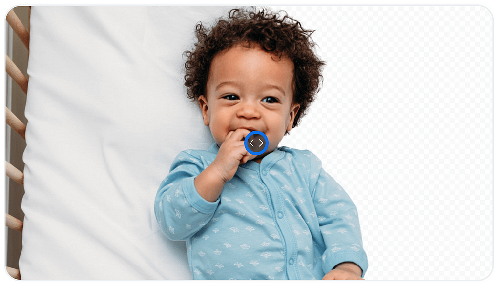 A baby smiling and laying down on his crib. Half of the background is transparent.