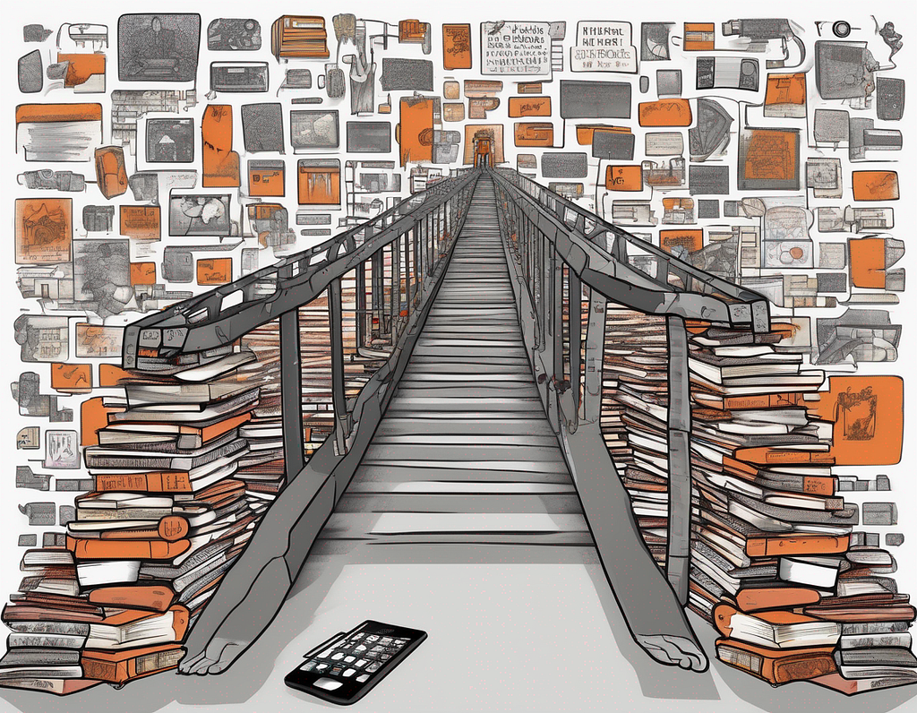 A bridge made of books, computers, and digital devices, connecting different communities and cultures, representing EdTech’s ability to foster cross-cultural understanding