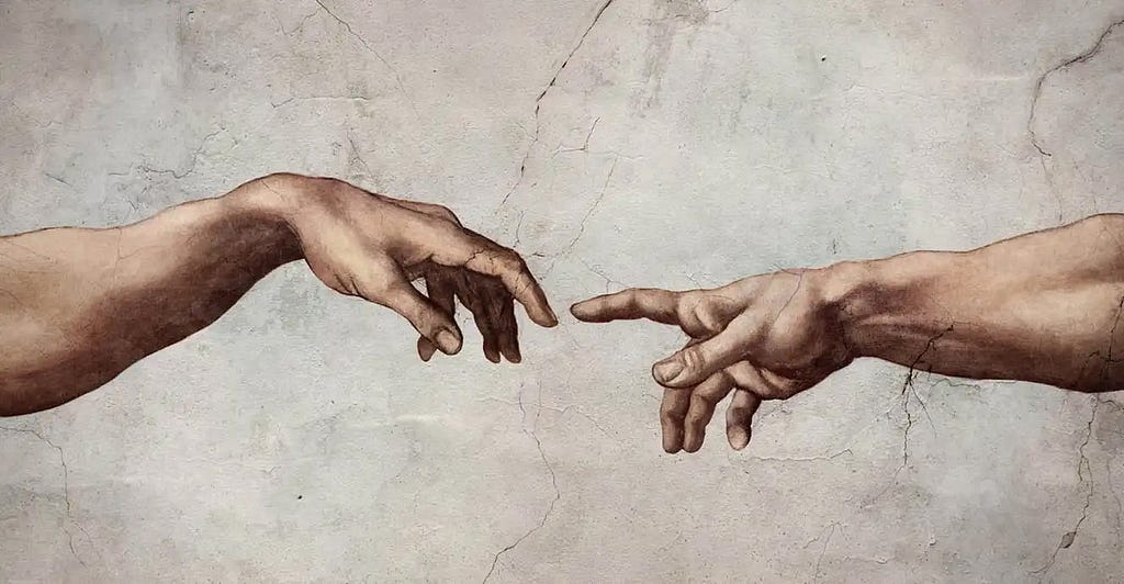 Smaller section of Michelangelo’s masterpiece ‘The Creation of Adam’ which shows God’s arm and Adam’s arm stretching out for each other. This image symbolises the reality that many people are reaching for authentic spirituality.