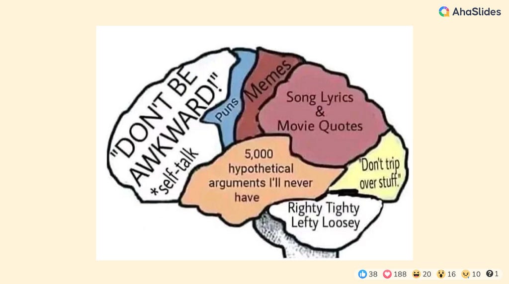 Meme — An image of a brain with sections marked, “DON’T BE AWKWARD!” *self talk, Puns, Memes, Song lyrics and movie quotes, 5,000 hypothetical arguments I’ll never have, “Don’t trip over stuff”, Righty tightly lefty loosey