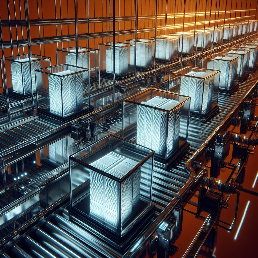 Bundles of pages in glass boxes move down conveyor belts in an orderly fashion. Stacks of paper or glowing white. Conveyor belts are dark, with an orange background. AI generated image.