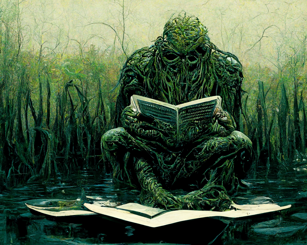 “Swamp thing reading”, image generated from prompt by Midjourney