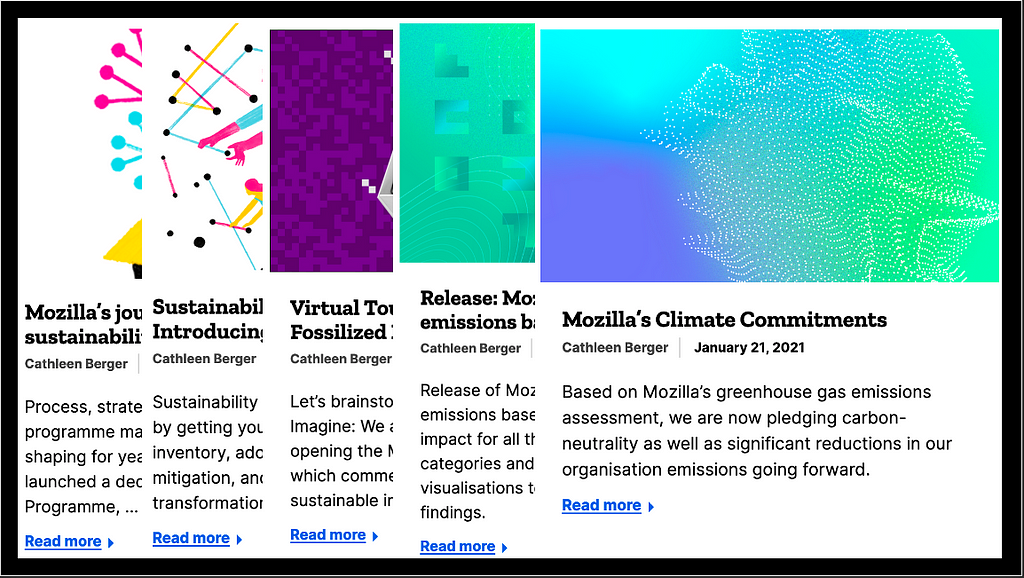 Screenshots of Mozilla blog posts documenting sustainability journey
