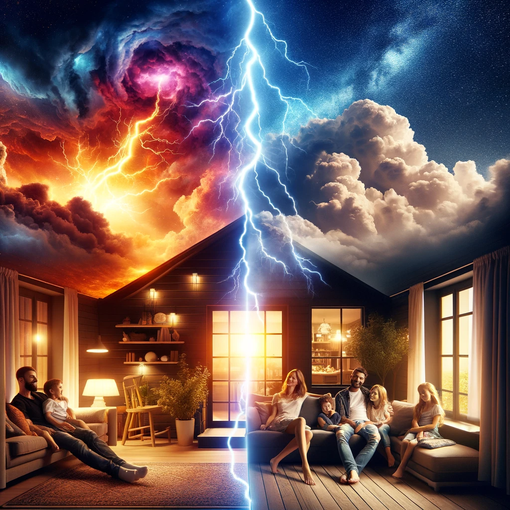 ChatGPT DALL-E: This image beautifully contrasts the wild energy of a lightning bolt in the night sky with the serene happiness of a family in their home.