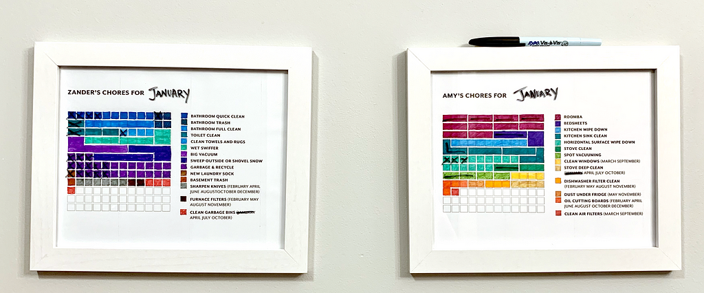 Framed images of chore charts with accomplished chores crossed off