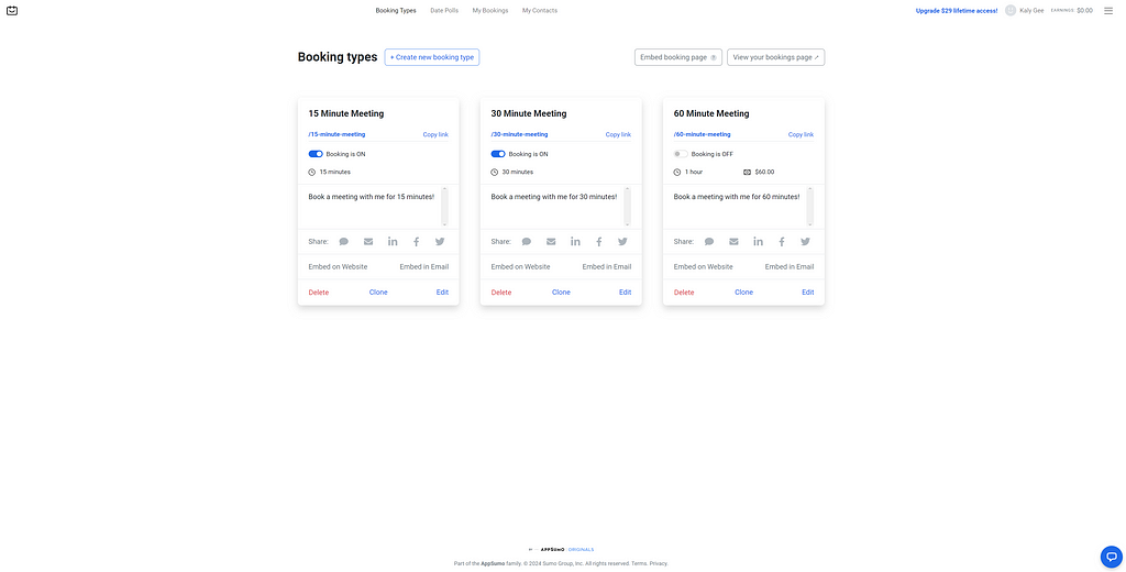 Screenshot of the Booking types page in TidyCal.