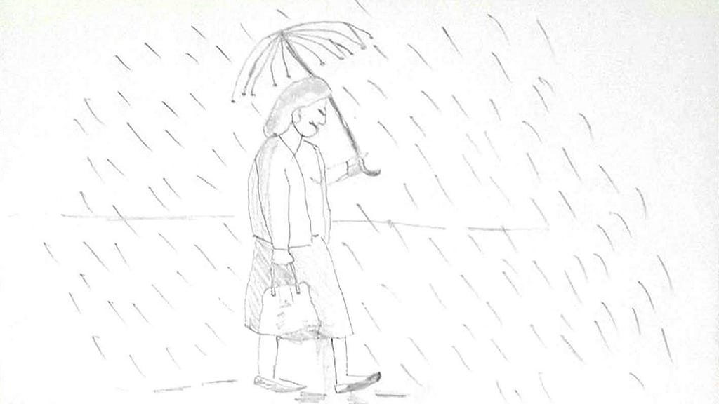 A drawing showing a woman under the rain covering herself with a broken umbrella