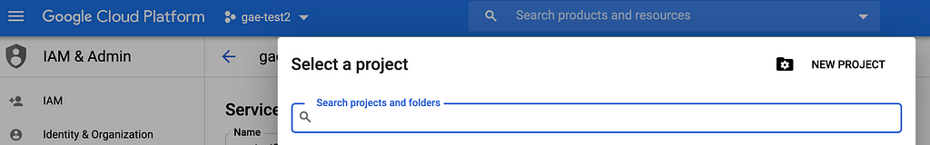 Click the dropdown list button next to Google Cloud Platform Logo and click NEW PROJECT button on the top-right of the pop up