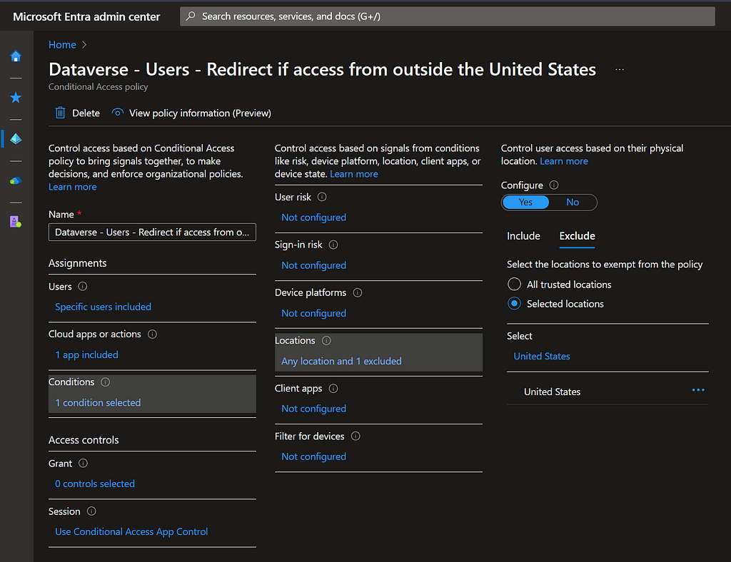 Redirect access to Dataverse from outside United States to Defender for Cloud Apps — Location condition