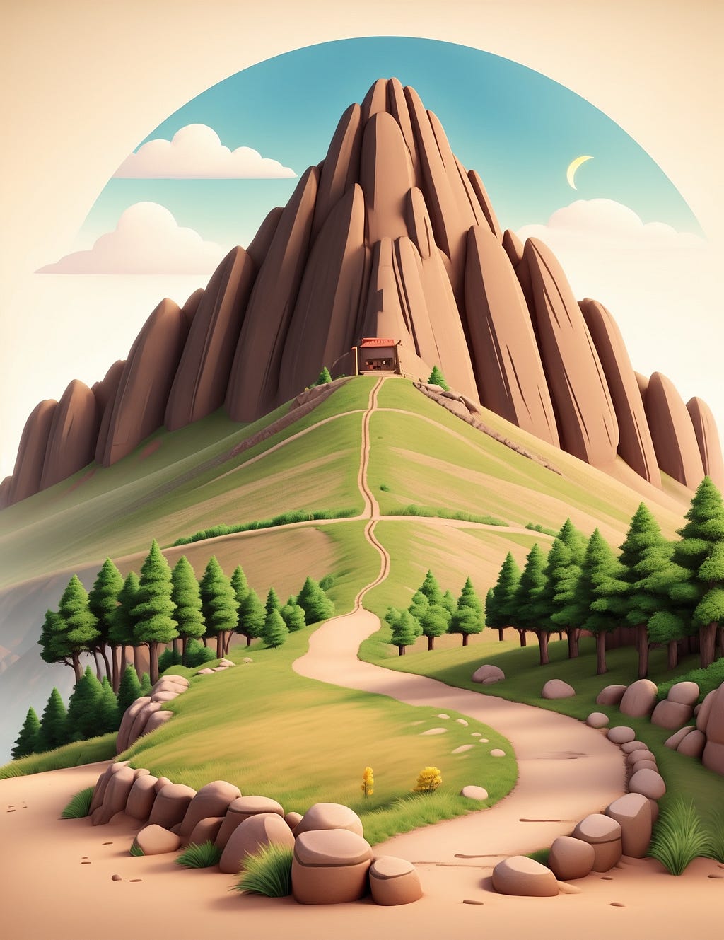 Generate an image that portrays an exciting journey up a mountainous trail, where Trailhead badges serve as milestones along the way. The trail weaves through a dynamic and collaborative ecosystem, represented by interconnected nodes or icons such as community, documentation, podcasts, and blogs. As characters climb toward the summit, hands reaching out in collaboration emphasize the shared experience of mastering Salesforce skills.