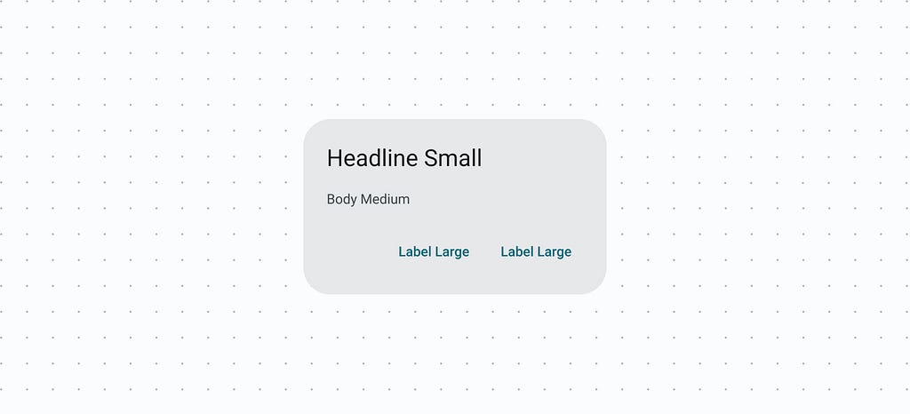 Example of a Dialog component and its text styles assigned by default. Headline Small, Body Medium and Label Lange