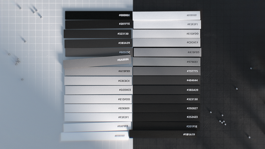 A color palette that ranges from blacks to greys to whites.