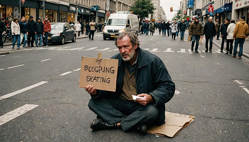 brgging man holding a sign, and sitting in street