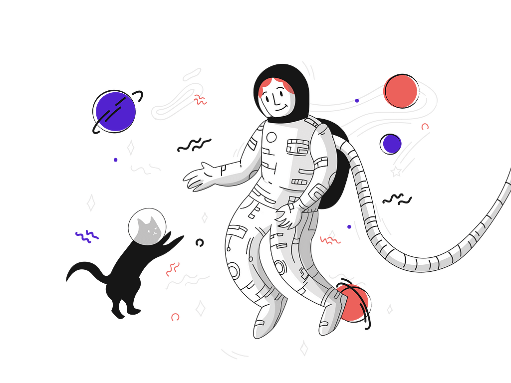 Una mujer astronauta flota con su gato que tiene un casco espacial rodeados de planetas y estrellas.