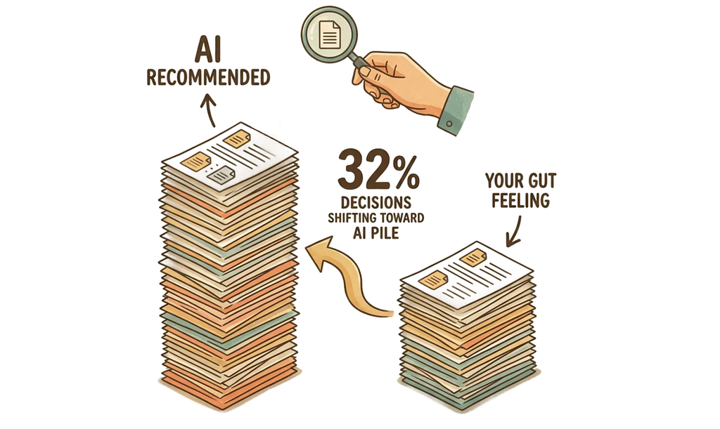 An infographic showing two stacks of CVs: a tall stack labelled “AI Recommended” and a shorter stack labelled “Your Gut Feeling.” An arrow shows 32% of decisions shifting toward the AI pile. A hand with a magnifying glass reviews the documents.