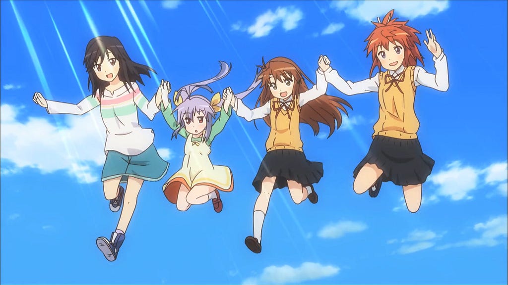 A screenshot from Non Non Biyori showing the main cast of girls jumping in the air while holding hands.