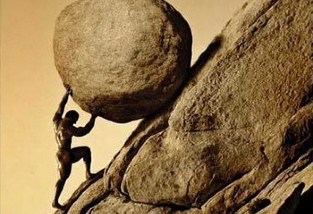 Image of Sisyphus pushing a rock uphill.