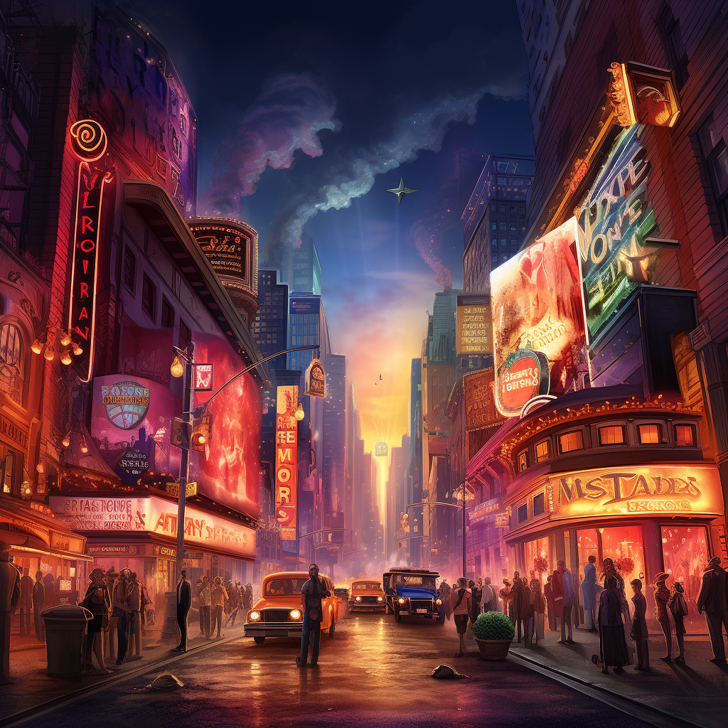 A scenic digital art piece of a theater district at night.