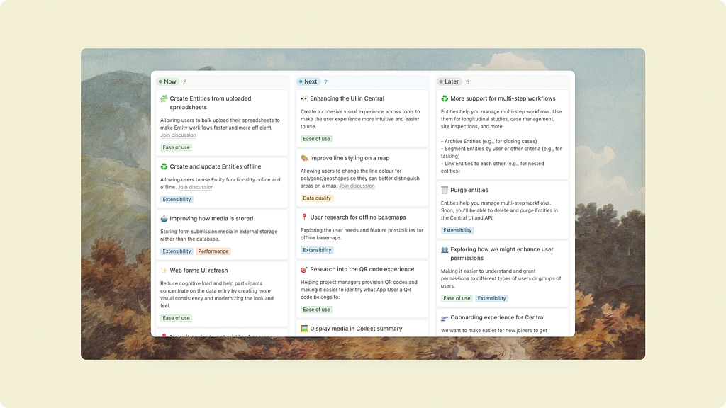 Public roadmap with 3 different sections: Now, Next and Later of the ODK priorities