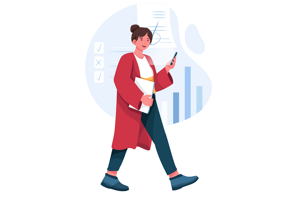 Illustration of a person walking with a phone in hand and paper in another