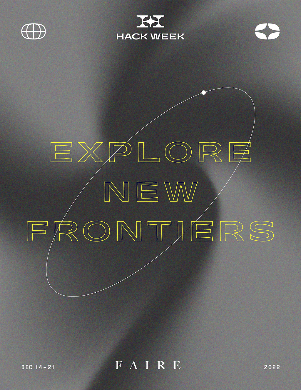 A banner for Faire’s 2022 Hack Week with the slogan “Explore new frontiers” on top of a spacey gray background. It features several stylized Hack Week logos.