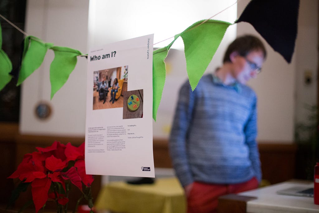 A piece of paper with the words ‘who am I?’ is hung on some homemade bunting. In the background, a person ponders something in front of them.