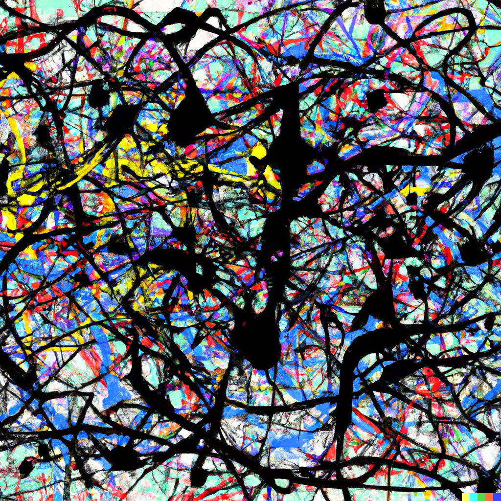 Jackson Pollock abstract style image created with AI. Black and multicolored overlaying swirls and lines
