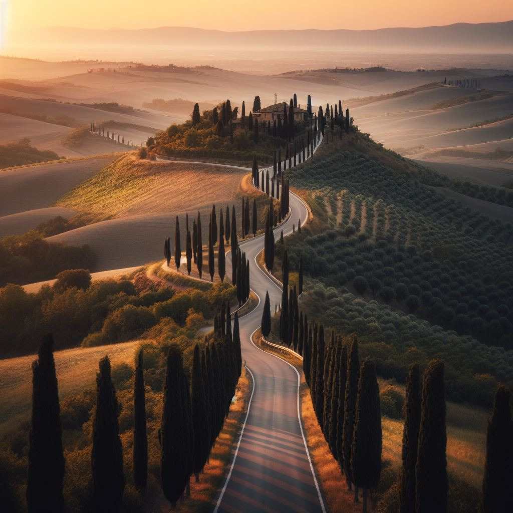 A view looking down on a winding hilltop road in Tuscany. The road meanders off into the distance lined with traditional Italian cypress trees. In the distance the early evening sun sets gently creating a soft lighting.
