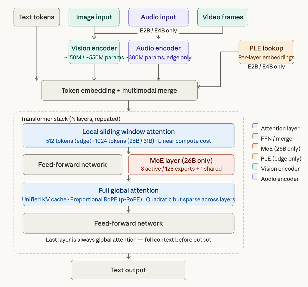 Block diagram showing Gemma 4 information flow. Inputs: text, image, video, and audio (edge only) feed into their respective encoders. A Per-Layer Embeddings block (edge only) and all encoder outputs merge into a token embedding layer. Below sits the transformer stack with alternating local sliding-window attention and full global attention layers, a feed-forward network, and an MoE layer replacing the FFN for the 26B model.