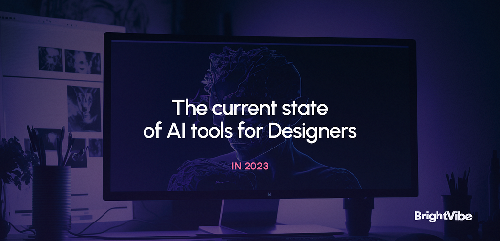 A monitor with an image of augmented person generated by AI and a label “The current state of AI tools for Designers in 2023”. Dark low-lit room with dark purple and pink backlight.