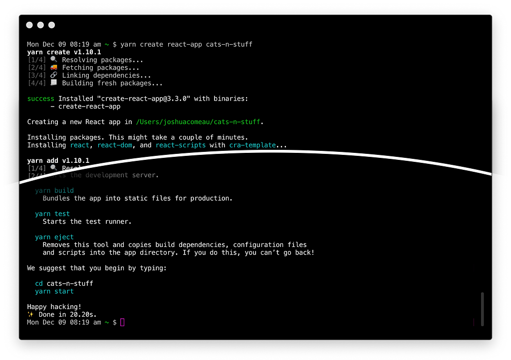 Terminal output for ‘yarn create react-app cats-n-stuff`