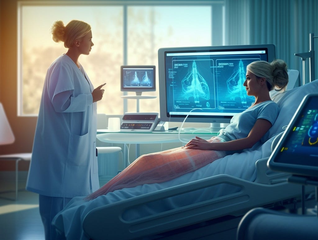 A nurse reassures a patient about the results showing on a large screen