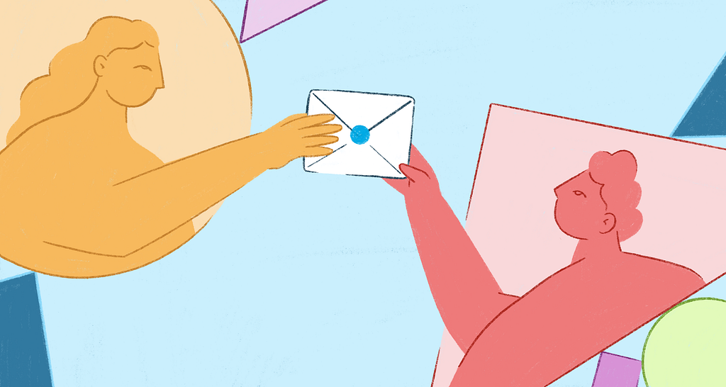 Illustration of two people facing each other, holding either side of a closed envelope.