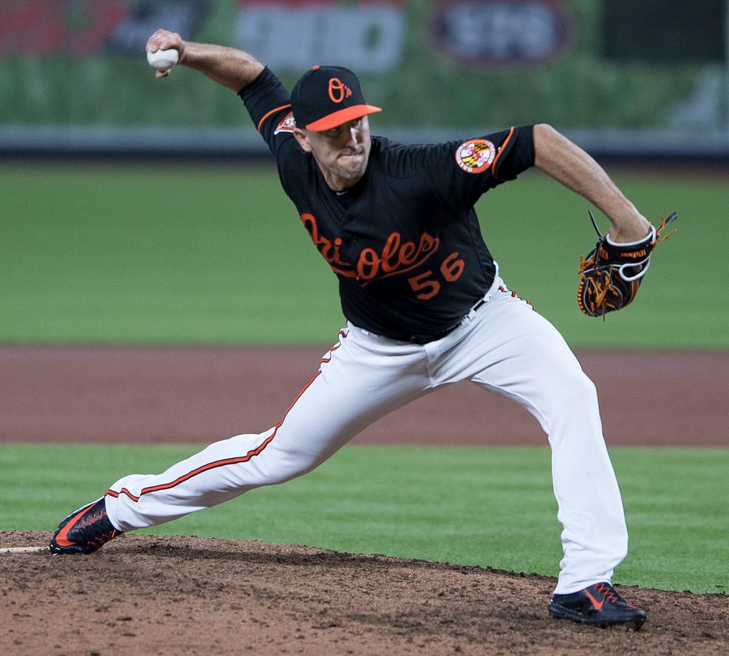 Baltimore Orioles reliever Darren O’Day delivers a pitch in a home game at Oriole Park at Camden Yards.